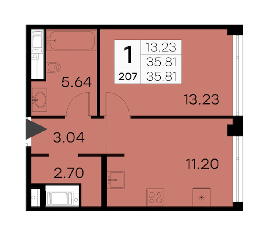 1-комнатная квартира 35.81 м², 16/19 эт., ЖК «GloraX Aura Vasileostrovsky»